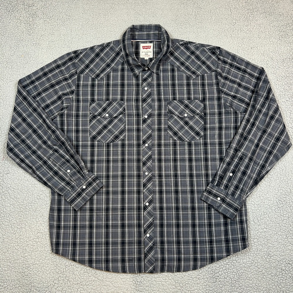 Levis Shirt Mens 2XL Gray Plaid Long Sleeve Pearl Snap Chest Pockets Red‎ Tab